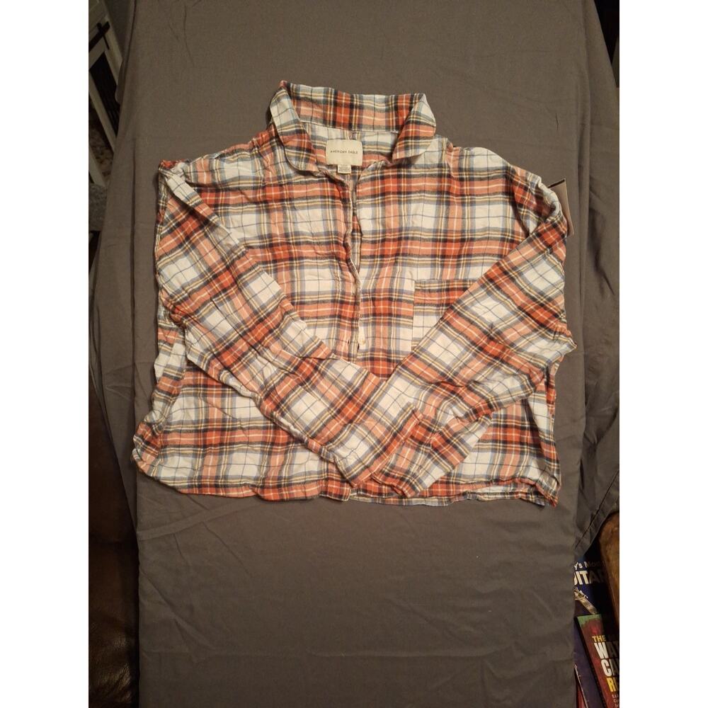 American Eagle Red Plaid Flannel Shirt Top Blouse Women’s Size Large